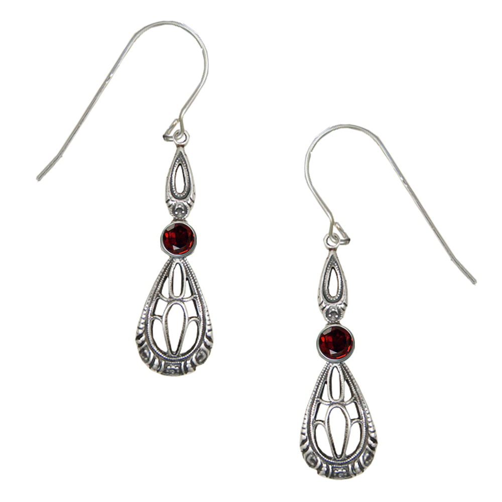 Sterling Silver Art Deco Drop Dangle Earrings With Faceted Garnet